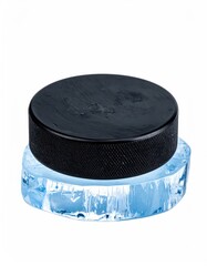 Puck sits atop clear blue ice piece, studio isolated shot
