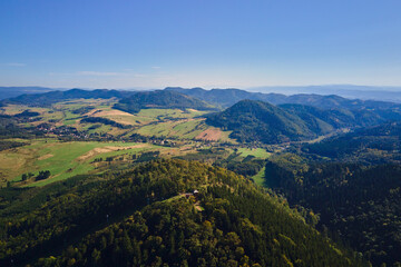Aerial panoramic view of forested hills, green valley and mountains on sunny day. Concept of nature landscape and travel destination