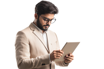 Professional young Indian businessman with glasses, intently focused on a digital tablet, isolated on transparent background