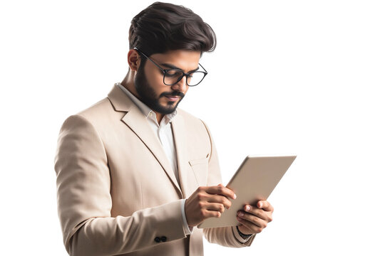 Professional young Indian businessman with glasses, intently focused on a digital tablet, isolated on transparent background - Powered by Adobe