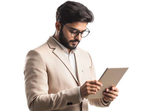 Professional young Indian businessman with glasses, intently focused on a digital tablet, isolated on transparent background - Powered by Adobe