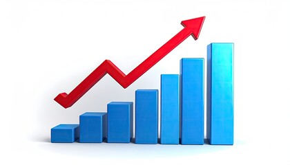 Rising blue graph with red arrow on a white background