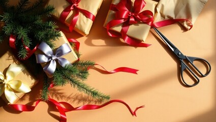 Wrapping gifts with festive ribbons and greenery, ready for holidays