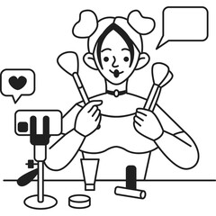 Digital Illustration Of A Young Woman With Her Hair In Buns Applying Makeup With Brushes In Front Of A Smartphone On A Tripod With Makeup Products And A Speech Bubble Ready To Share Content Online