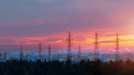 Stunning sunset over a city skyline with power lines and digital connections in the sky - Powered by Adobe