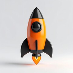 3D orange rocket with black accents and flame exhaust