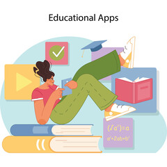 Digital Learning And Educational Apps With A Young Woman Interacting On A Transparent Background