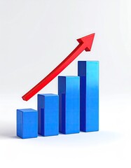 Upward trend Blue bars, red arrow on a white background