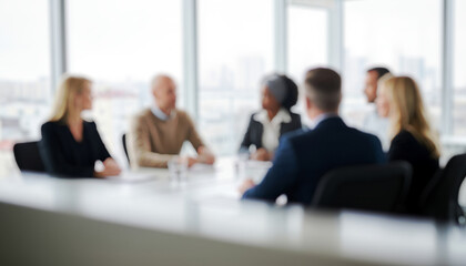 Business people meeting around a table with a bright window background, sharing ideas and collaborating in a modern professional office that emphasizes teamwork, focus, and productivity.