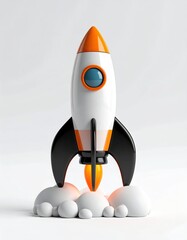 3D rocket takes off with orange accents and puff clouds