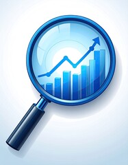 Rising chart seen via a blue magnifying glass