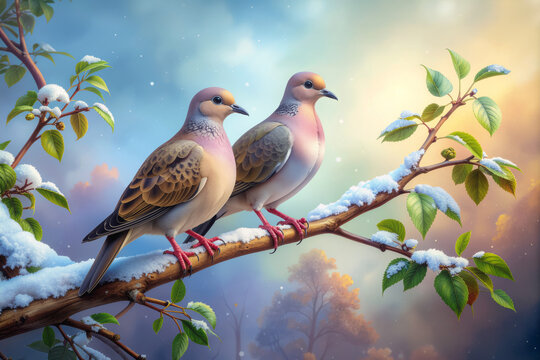 Two turtle doves. Second day of the 12 days of Christmas. Watercolor style.