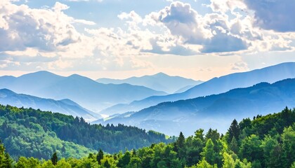A scenic vista of layers of forested mountains receding into the horizon under a partly cloudy sky