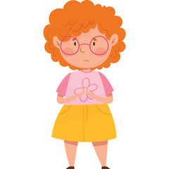 Disappointed Young Girl with Curly Red Hair Wearing Glasses and Yellow Skirt with Pink Top with Flower Detail Standing with Hands Clasped in Frustration