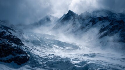 Dramatic snowy mountain peaks with a swirling mist over a vast icefield