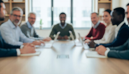 Diverse professionals gathered around a large table during a meeting, exchanging ideas and collaborating in a modern office environment that emphasizes teamwork, focus, and innovation.
