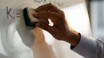Hand Erases Mathematical Equation From Whiteboard With an Eraser