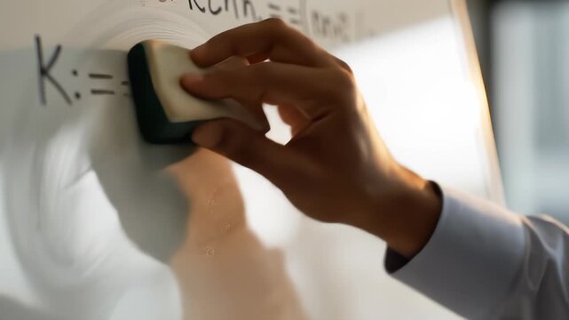 Hand Erases Mathematical Equation From Whiteboard With an Eraser