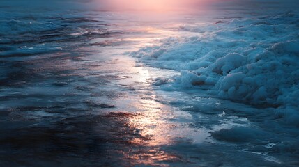 Obraz premium Serene frozen river reflecting the warm glow of golden hour light with intricate ice textures along the bank