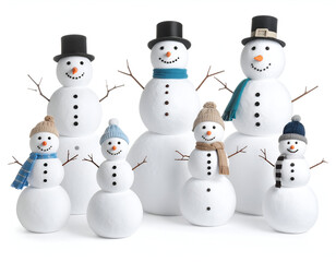 A cheerful collection of snowmen families, featuring various sizes and winter accessories, stands against a pristine white background, capturing the joyful spirit of the holidays