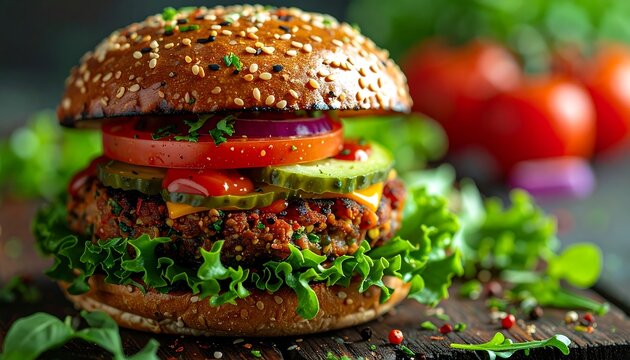 A scrumptious burger piled high with fresh toppings sits on rustic wood against a blurry background of tomatoes and greens