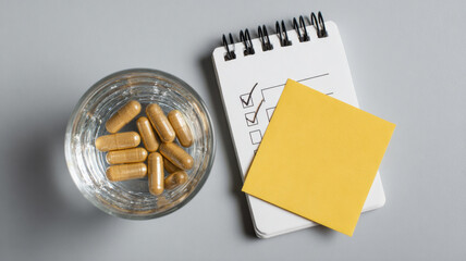 Pills, water, notepad and sticky note on the table, represent healthcare routine. The glass contains several pills, with a notepad containing a to-do list and a sticky note for reminders.
