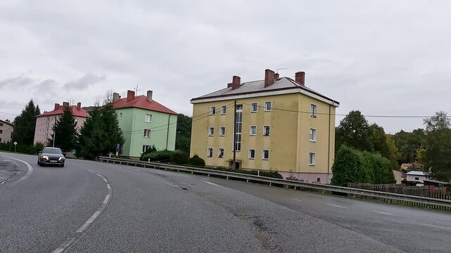 Czechia mountain valley street POV. Czechia historically Bohemia. Central Europe. Mountain valley village. Once Czechoslovakia, Soviet communism now part of European Union, EU.
