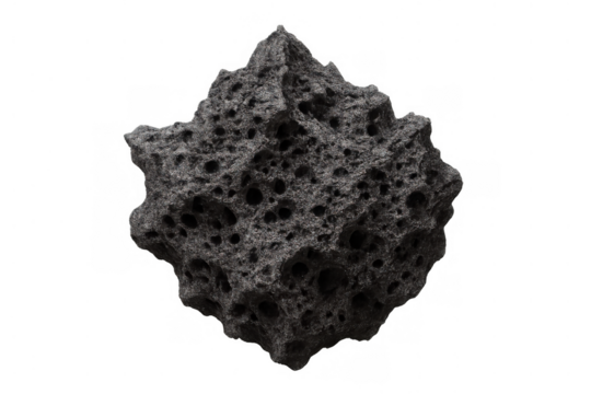 Volcanic rock fragment showing porous texture and dark gray color, isolated on a transparent background