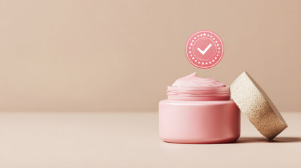 Cosmetic cream jar, a symbol of quality and care. An open jar of luxurious cream next to a checkmark, evoking a sense of assurance and reliability