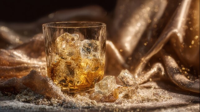 Whiskey on the Rocks: A captivating close-up of a glass filled with amber-colored whiskey and ice cubes. The golden light highlights the luxurious liquid.