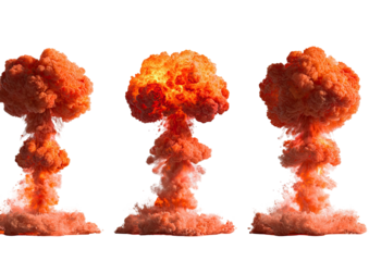 Three towering, fiery, mushroom cloud explosions