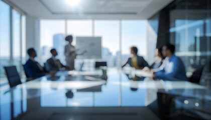 Blurry business meeting with people around a reflective conference table, showing silhouettes and light reflections that emphasize teamwork, leadership, and modern corporate design.