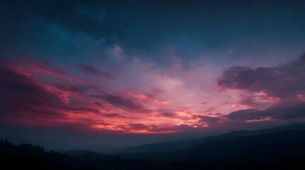 Fototapeta premium A dramatic sunset paints the sky with vibrant colors over silhouetted mountains under a starry night