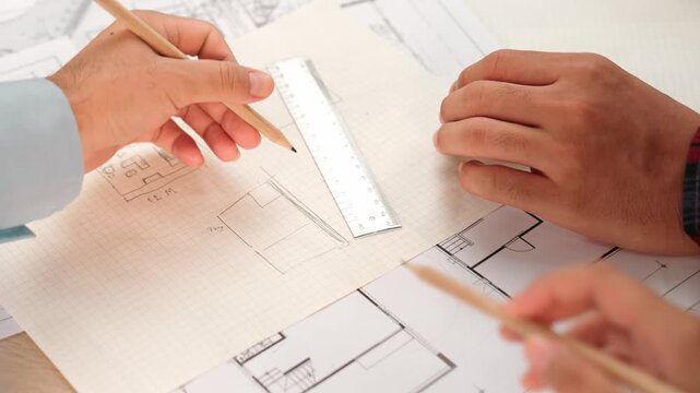 Professional engineer team discussion about house design on meeting table with architectural equipment and building blueprint scatter around at modern office. Focus on hand. Closeup. Delineation.