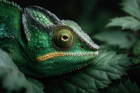 Close-up view of a vibrant green chameleon resting on lush leaves - Powered by Adobe
