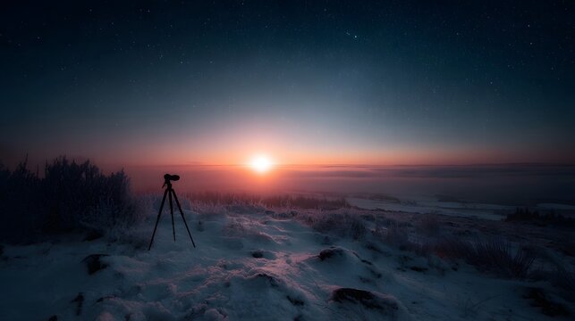 A tr is set up on a snowy hilltop under a starry twilight sky with a glowing horizon at dawn or dusk
