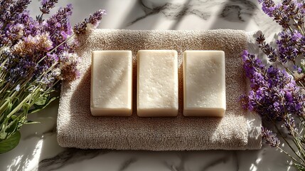 Three bars of soap on a cloth with lavender flowers and marble background.