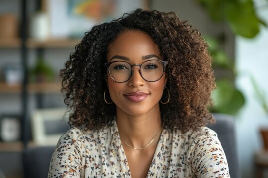 Professional woman leading a video chat meeting in the office, confidently guiding a virtual discussion and engaging with colleagues or clients remotely, Generative AI