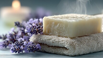 Soap on towel with lavender and candle creating a spa like atmosphere.