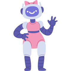 Friendly Blue And Purple Robot Character Wearing A Pink Bow And Dress Waving With A Smiling Face On A Transparent Background