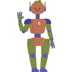 Friendly cartoon robot waving with a smile wearing green and orange clothing with blue accents and a white power button emblem on its chest against a white background