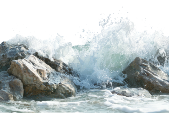 Waves crash over rocks in a surge of white water