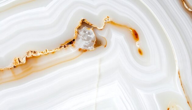 Abstract close-up of banded agate, revealing swirled white and tan layers with crystalline pockets