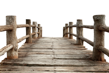 Wooden bridge with rough railings leading to darkness