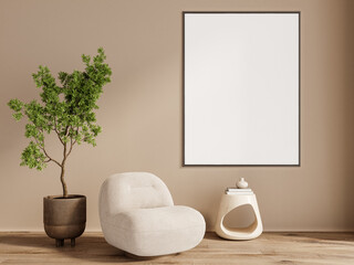 Contemporary living room with mockup frame on brown wall, modern sofa, green plant, and natural light through white curtains