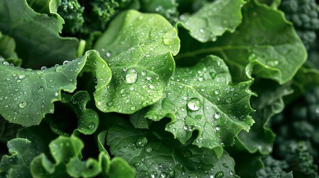 A macro photograph of lush, green organic kale or spinach leaves after a rain shower.