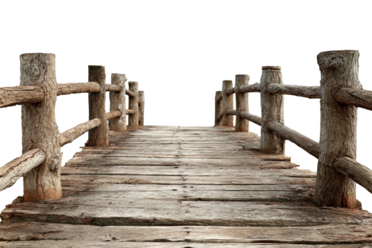 Wooden bridge with rough railings leading to darkness
