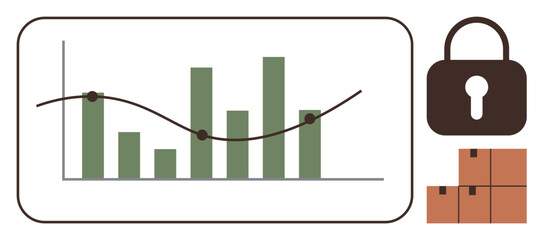 Data graph with trends and bar chart, lock symbol, and cardboard boxes. Ideal for data protection, analytics, secure storage, privacy, logistics technology cybersecurity. Simple flat metaphor
