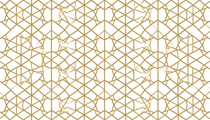 Golden geometric network of triangles and lines on a white background creates an intricate symmetrical abstract pattern