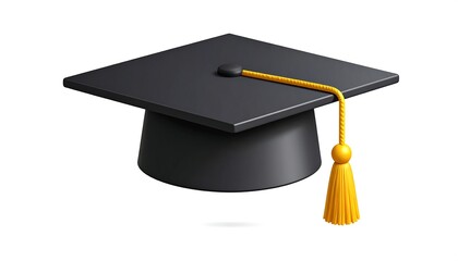 Black mortarboard hat with a golden tassel, casting a subtle shadow on a white background, depicted in a clean, glossy style